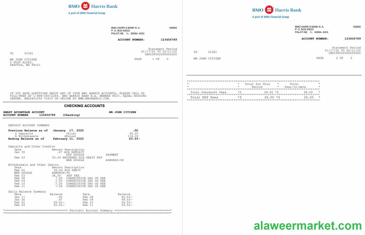 USA BMO Harris bank statement Word and PDF template, 3 pages